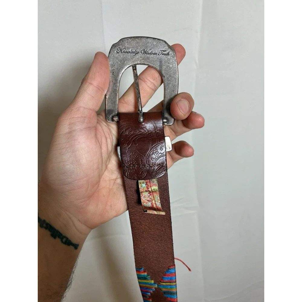 Robert Graham Brown Leather Belt Sz 44/46 KWT Paisley‎ Buckle Multicolor Stitch